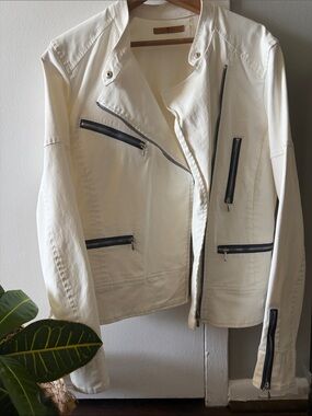 7 For All Mankind Cream Asymmetrical Zip Moto Jacket
